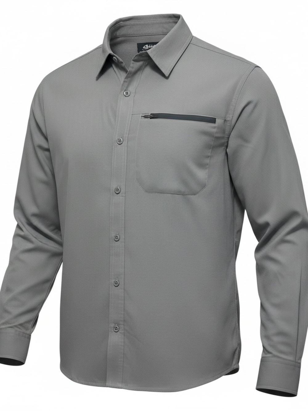Men's Light Gray Long-Sleeve Button Shirt with Zip Chest Pocket